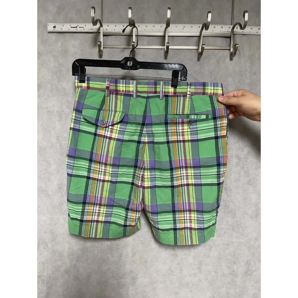 VTG Polo Ralph Lauren Shorts Men 35 Green Plaid India‎ Madras Flap Pocket Chino